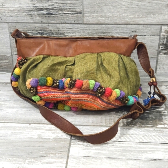 HANDMADE Boho/New Age Leather Linen Pom-Pom Bell Detail Crossbody Style Handbag - Picture 6 of 16